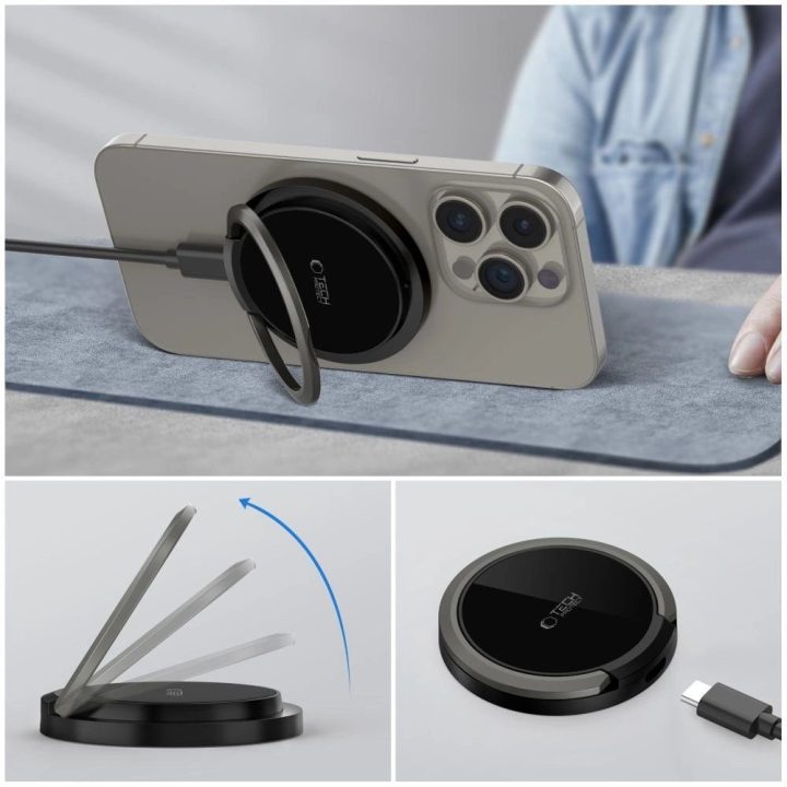 indukcinis įkroviklis su MagSafe ir stovu su USB C laidu - juodas
