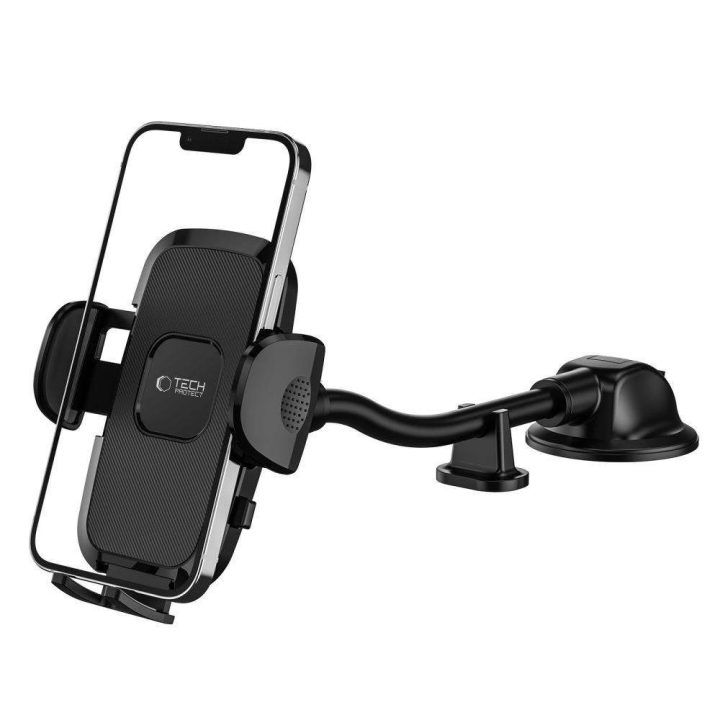 automobilyje tvirtinamas ilgos rankos telefono laikiklis, skirtas stiklui/prietaisų skydui - juodas