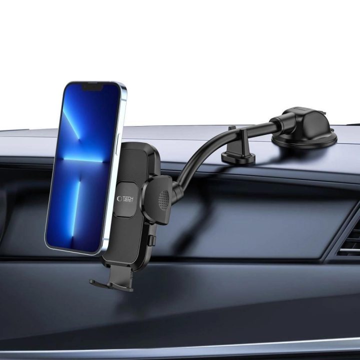 automobilyje tvirtinamas ilgos rankos telefono laikiklis, skirtas stiklui/prietaisų skydui - juodas