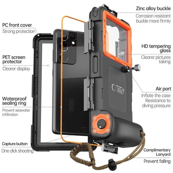 vandeniui dėklas IPX8 išmaniesiems telefonams 4,7-6,7 - juodas su oranžine