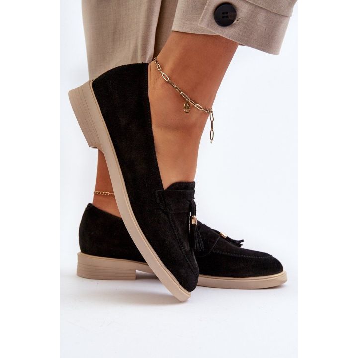 Juodi moteriški zomšiniai mokasinai su plokščiu kulnu Zazoo 3420