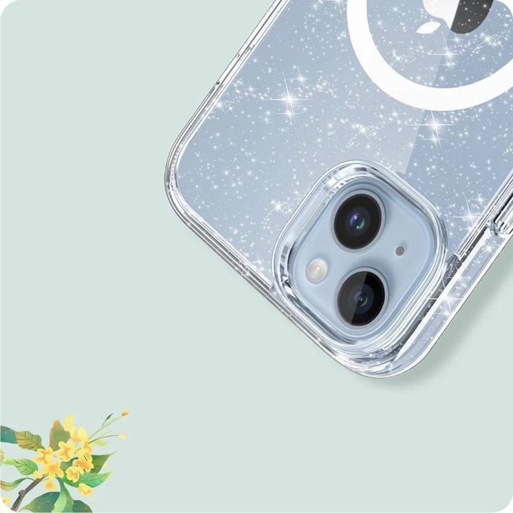 iPhone 15“ dėklas – skaidrus su blizgučiais