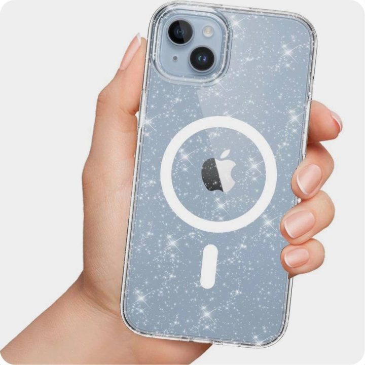iPhone 15“ dėklas – skaidrus su blizgučiais