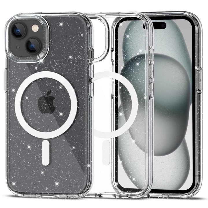 iPhone 15“ dėklas – skaidrus su blizgučiais