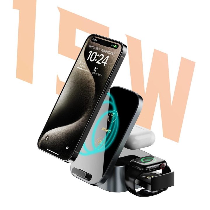 indukcinis įkroviklis 15 W 3in1 skirtas telefonui / išmaniajam laikrodžiui / ausinėms - juodas