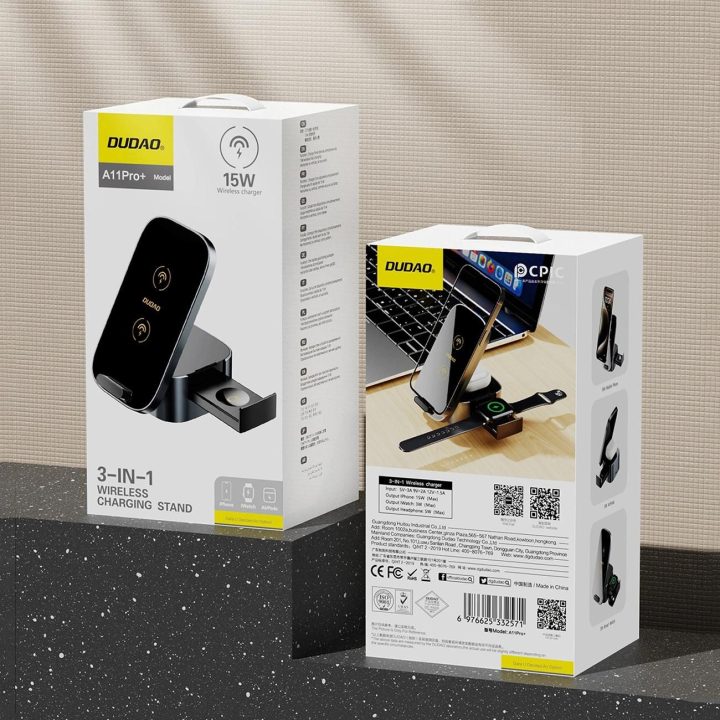indukcinis įkroviklis 15 W 3in1 skirtas telefonui / išmaniajam laikrodžiui / ausinėms - juodas