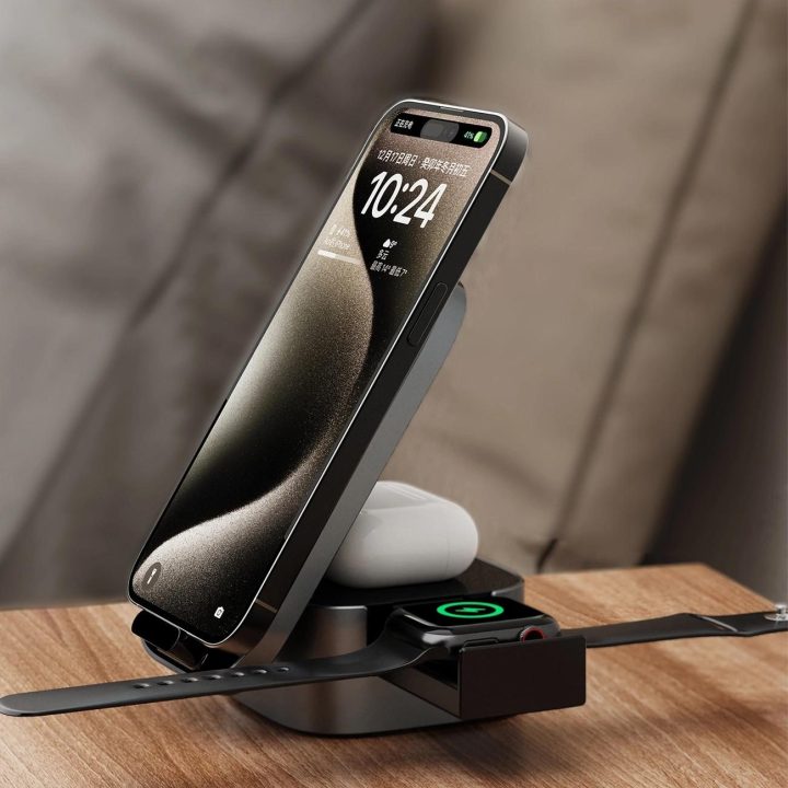 indukcinis įkroviklis 15 W 3in1 skirtas telefonui / išmaniajam laikrodžiui / ausinėms - juodas