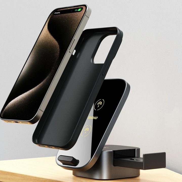 indukcinis įkroviklis 15 W 3in1 skirtas telefonui / išmaniajam laikrodžiui / ausinėms - juodas