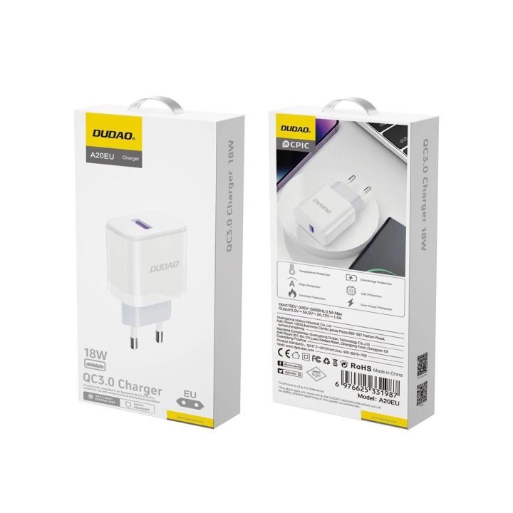 tinklo įkroviklis su USB-A jungtimi 18 W, baltos spalvos