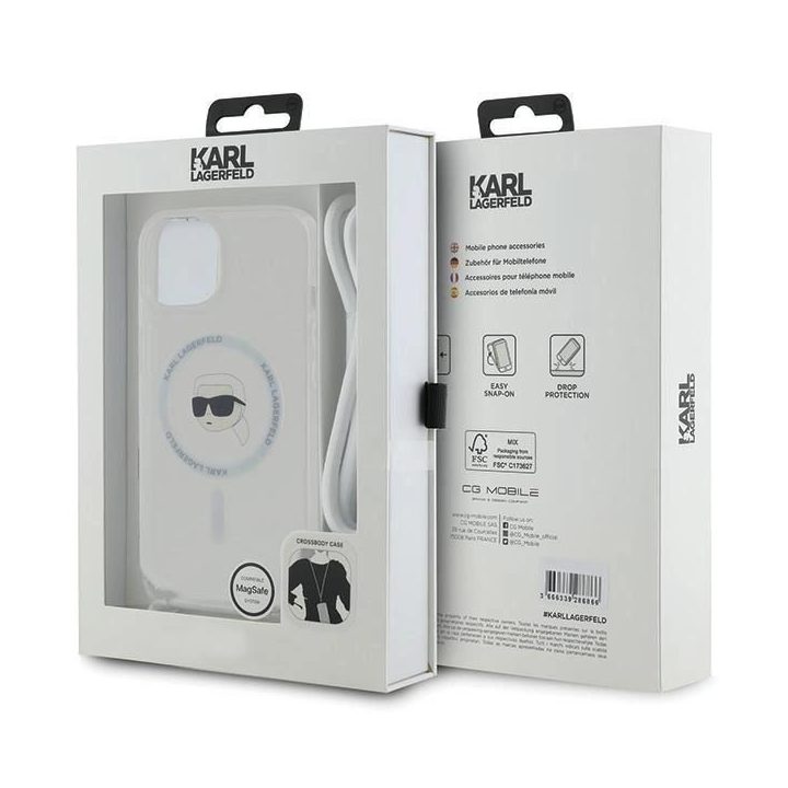 Karl Lagerfeld Crossbody IML Karl Head MagSafe dėklas iPhone 15 / 14 / 13 telefonams - skaidrus