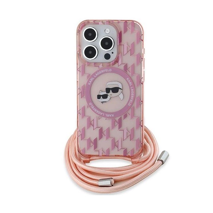 Karl Lagerfeld IML Crossbody Monogram Karl & Choupette Head MagSafe dėklas iPhone 15 Pro telefonui - rausvas
