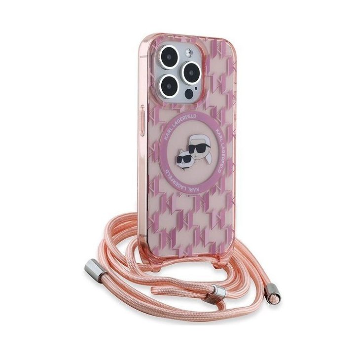 Karl Lagerfeld IML Crossbody Monogram Karl & Choupette Head MagSafe dėklas iPhone 15 Pro telefonui - rausvas
