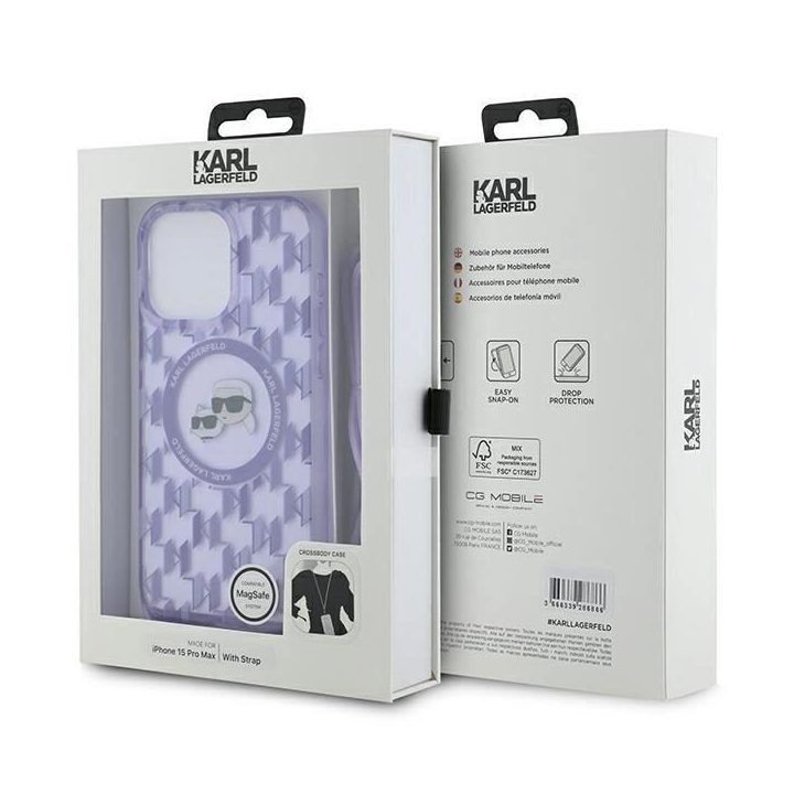 Karl Lagerfeld IML Crossbody Monogram Karl & Choupette Head MagSafe dėklas skirtas iPhone 15 Pro - violetinis