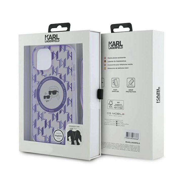 Karl Lagerfeld IML strižainis per petį su monograma Karl ir Choupette Head MagSafe dėklu iPhone 15 / 14 / 13 – violetinis