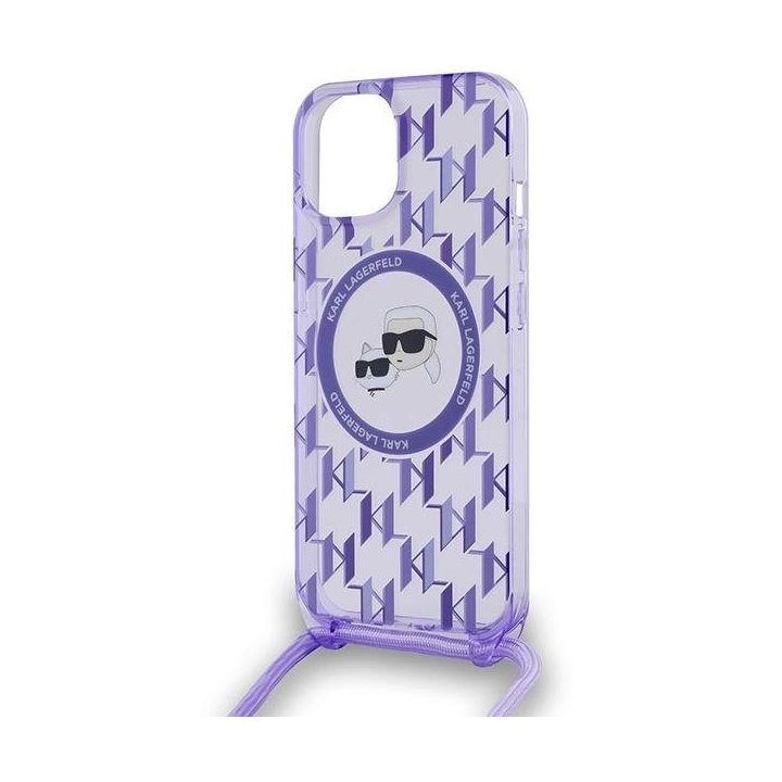 Karl Lagerfeld IML strižainis per petį su monograma Karl ir Choupette Head MagSafe dėklu iPhone 15 / 14 / 13 – violetinis