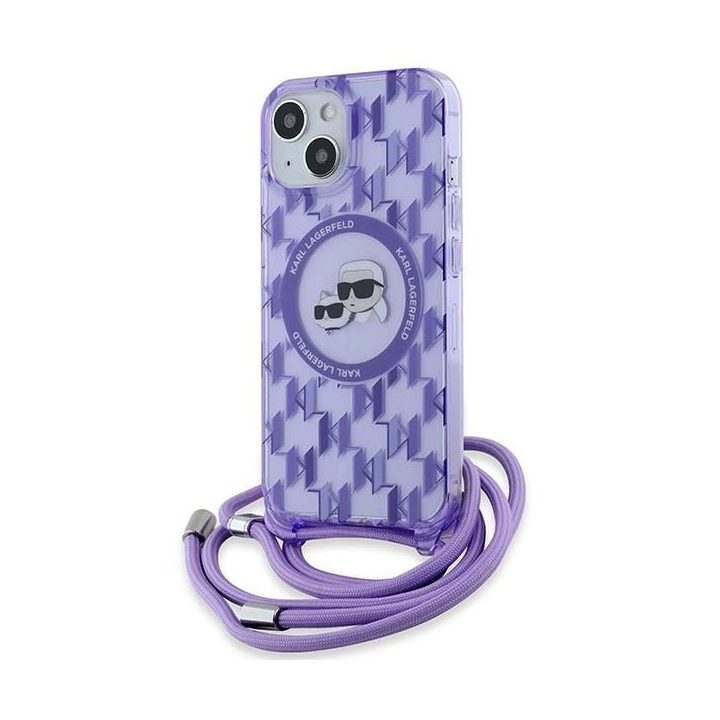 Karl Lagerfeld IML strižainis per petį su monograma Karl ir Choupette Head MagSafe dėklu iPhone 15 / 14 / 13 – violetinis