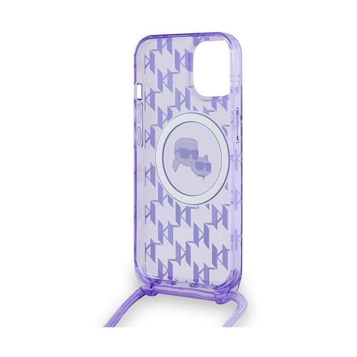 Karl Lagerfeld IML strižainis per petį su monograma Karl ir Choupette Head MagSafe dėklu iPhone 15 / 14 / 13 – violetinis