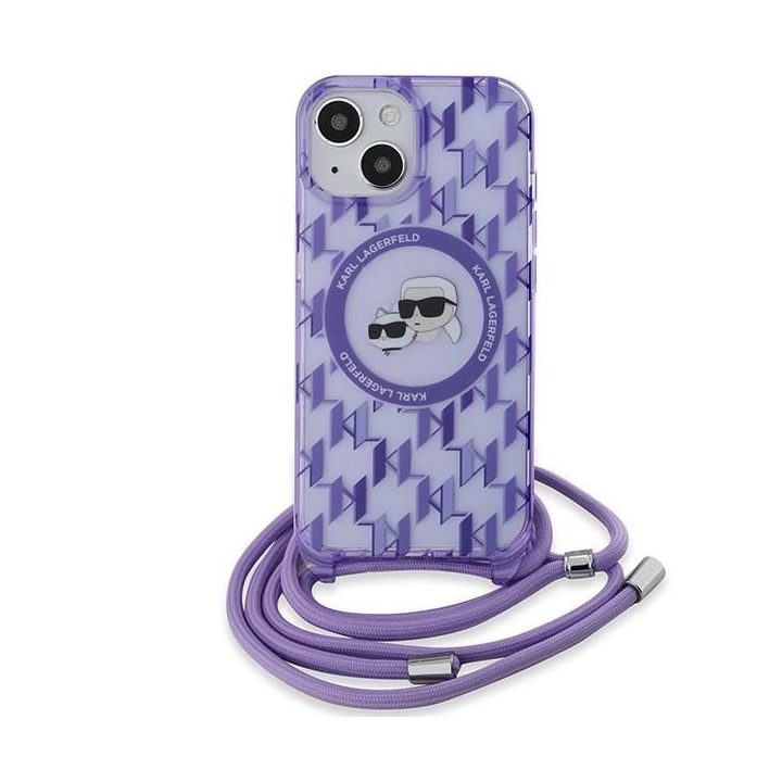 Karl Lagerfeld IML strižainis per petį su monograma Karl ir Choupette Head MagSafe dėklu iPhone 15 / 14 / 13 – violetinis