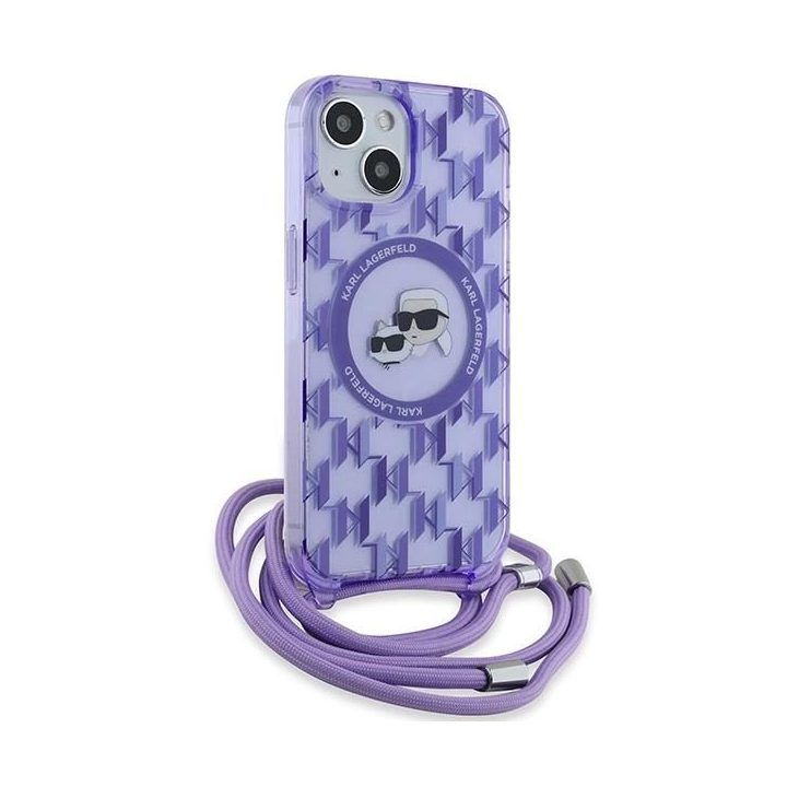 Karl Lagerfeld IML strižainis per petį su monograma Karl ir Choupette Head MagSafe dėklu iPhone 15 / 14 / 13 – violetinis