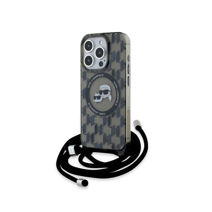 Karl Lagerfeld IML kryžminė totėmė su monogramu Karl ir Choupette MagSafe dėklas iPhone 15 Pro Max telefonui - juoda