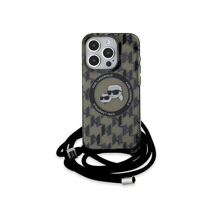 Karl Lagerfeld IML kryžminė totėmė su monogramu Karl ir Choupette MagSafe dėklas iPhone 15 Pro Max telefonui - juoda