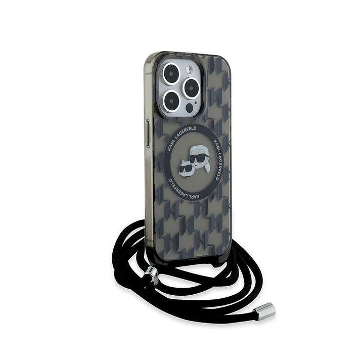 Karl Lagerfeld IML kryžminė totėmė su monogramu Karl ir Choupette MagSafe dėklas iPhone 15 Pro Max telefonui - juoda