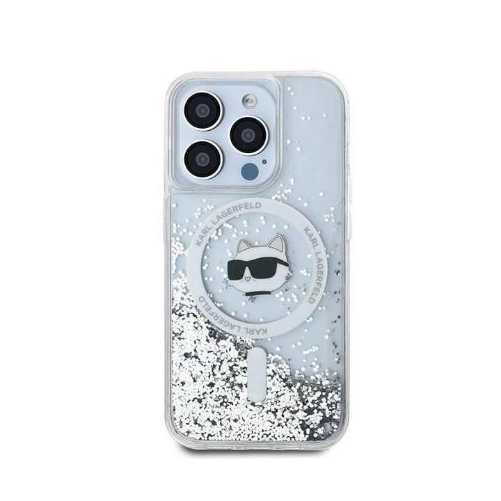 Karl Lagerfeld Liquid Glitter Choupette Head MagSafe dėklas iPhone 14 Pro telefonui – skaidrus