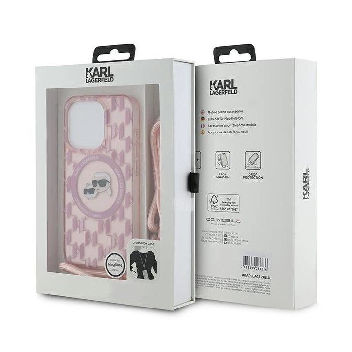 Karl Lagerfeld IML pečių dėklas su Karl & Choupette Head“ MagSafe dėklu iPhone 15 Pro Max“ – rožinė