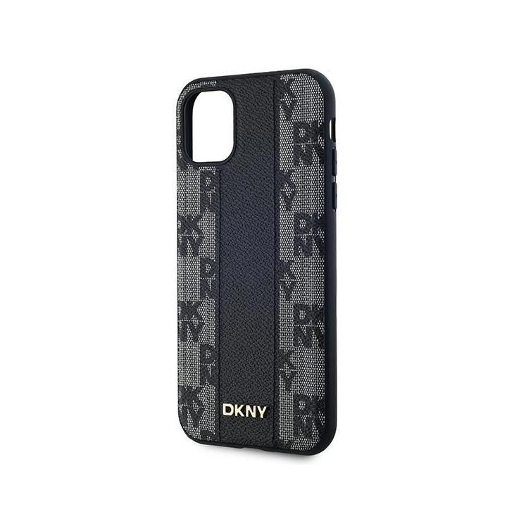 DKNY Leather Checkered Mono Pattern MagSafe dėklas iPhone 11 / Xr“ – juodas