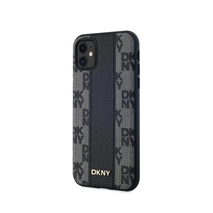 DKNY Leather Checkered Mono Pattern MagSafe dėklas iPhone 11 / Xr“ – juodas