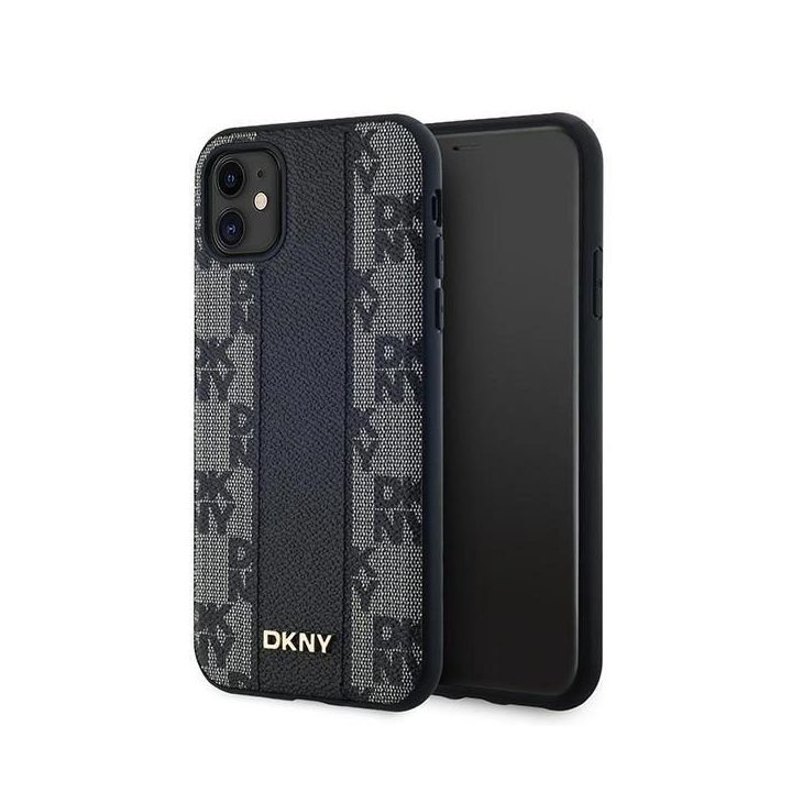 DKNY Leather Checkered Mono Pattern MagSafe dėklas iPhone 11 / Xr“ – juodas