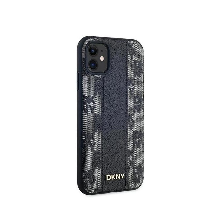 DKNY Leather Checkered Mono Pattern MagSafe dėklas iPhone 11 / Xr“ – juodas