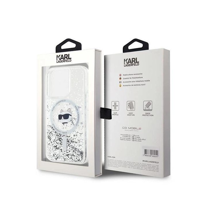 Karl Lagerfeld Liquid Glitter Choupette Head MagSafe dėklas iPhone 15 Pro - skaidrus