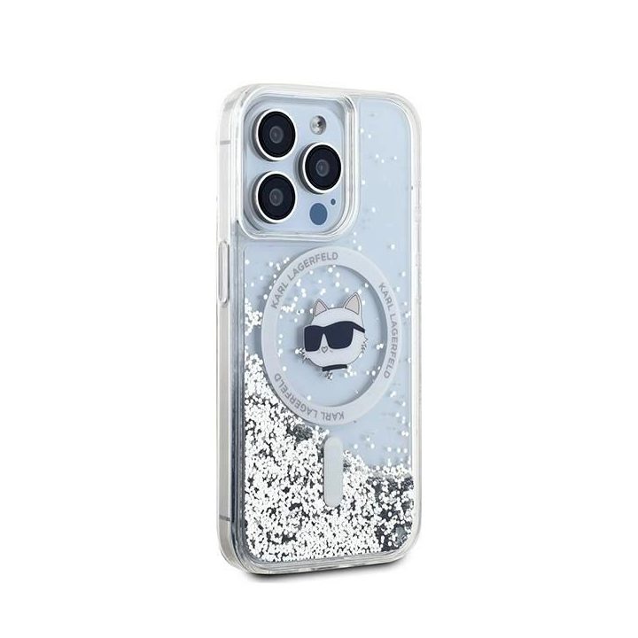 Karl Lagerfeld Liquid Glitter Choupette Head MagSafe dėklas iPhone 15 Pro - skaidrus