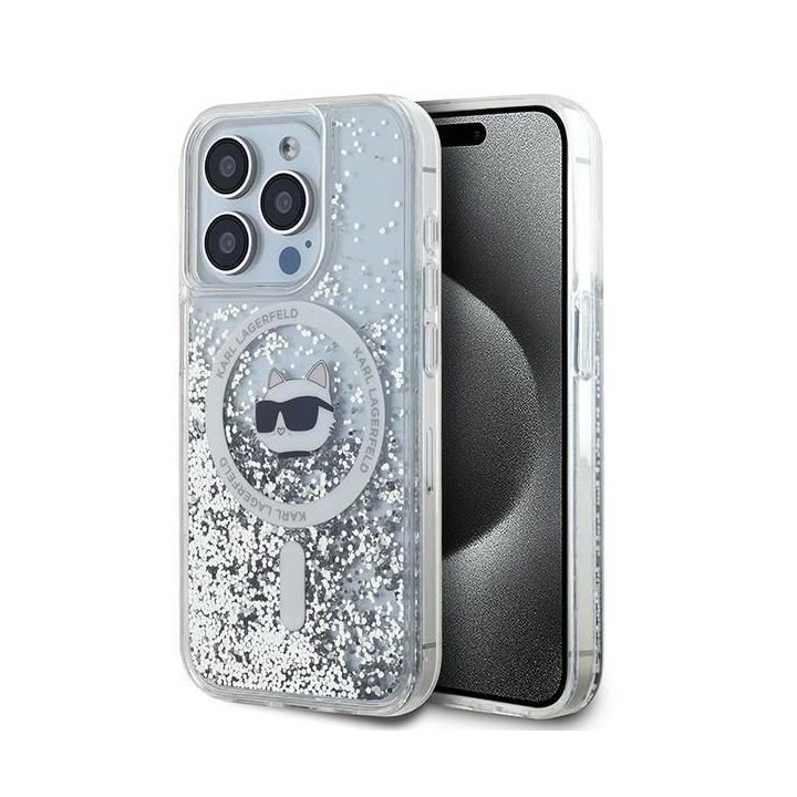 Karl Lagerfeld Liquid Glitter Choupette Head MagSafe dėklas iPhone 15 Pro - skaidrus