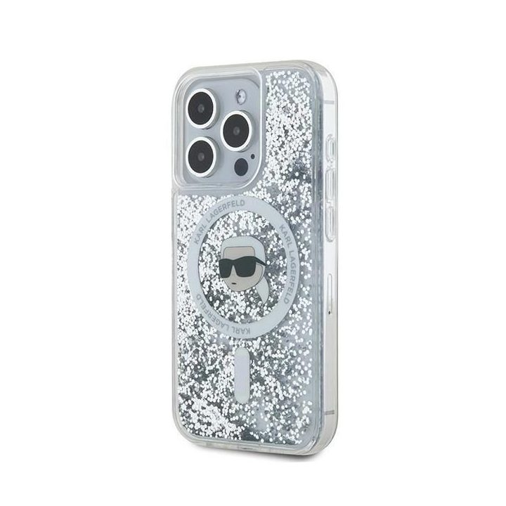 Karl Lagerfeld Liquid Glitter Karl Head MagSafe dėklas iPhone 15 Pro - skaidrus