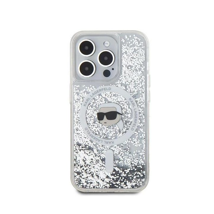 Karl Lagerfeld Liquid Glitter Karl Head MagSafe dėklas iPhone 15 Pro - skaidrus