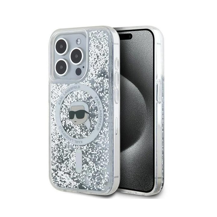 Karl Lagerfeld Liquid Glitter Karl Head MagSafe dėklas iPhone 15 Pro - skaidrus