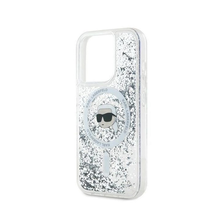 Karl Lagerfeld Liquid Glitter Karl Head MagSafe dėklas iPhone 15 Pro - skaidrus