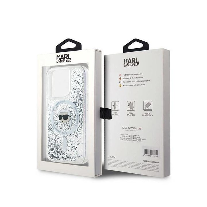 Karl Lagerfeld Liquid Glitter Karl Head MagSafe dėklas iPhone 15 Pro - skaidrus