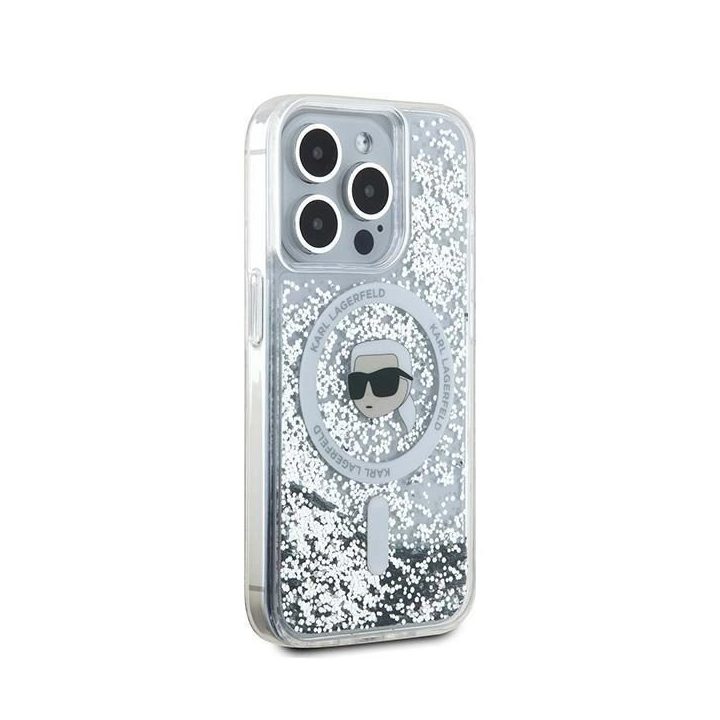 Karl Lagerfeld Liquid Glitter Karl Head MagSafe dėklas iPhone 15 Pro - skaidrus