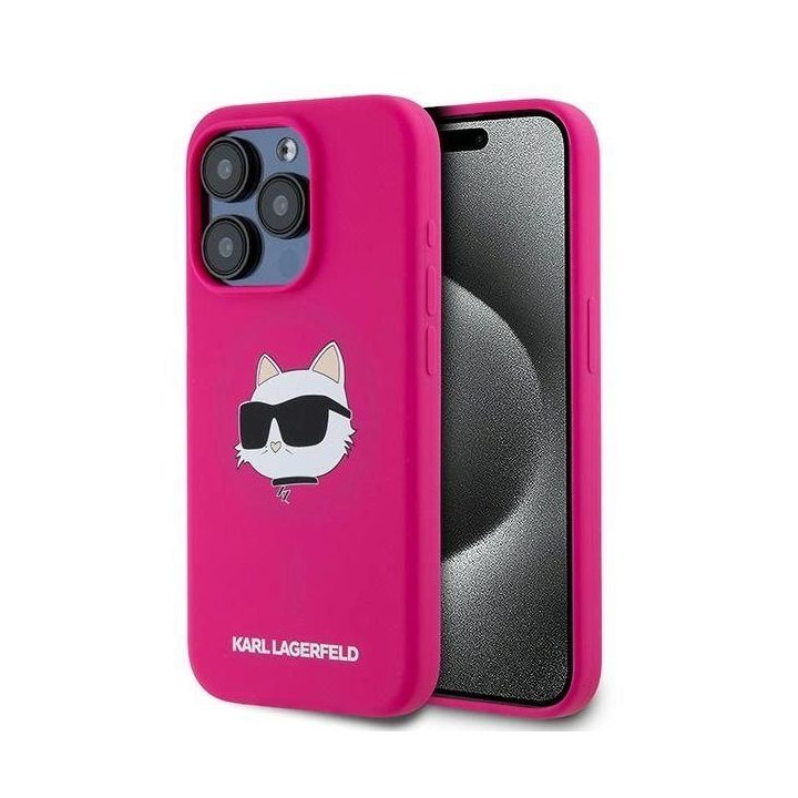 Karl Lagerfeld silikoninis telefono dėklas su Choupette galva MagSafe iPhone 15 Pro telefonui – rožinis