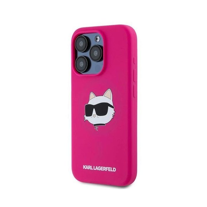 Karl Lagerfeld silikoninis telefono dėklas su Choupette galva MagSafe iPhone 15 Pro telefonui – rožinis