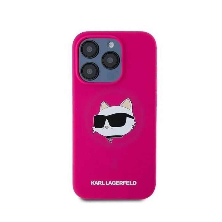 Karl Lagerfeld silikoninis telefono dėklas su Choupette galva MagSafe iPhone 15 Pro telefonui – rožinis