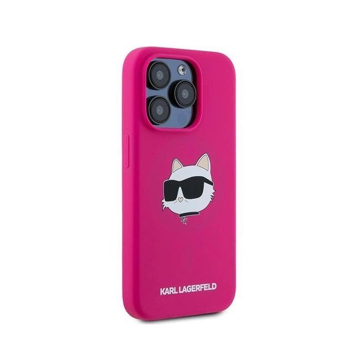 Karl Lagerfeld silikoninis telefono dėklas su Choupette galva MagSafe iPhone 15 Pro telefonui – rožinis