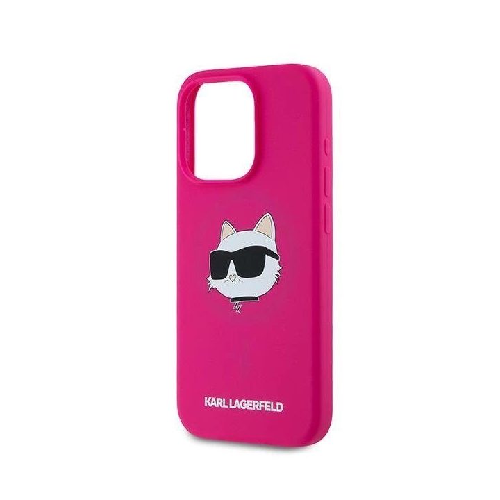 Karl Lagerfeld silikoninis telefono dėklas su Choupette galva MagSafe iPhone 15 Pro telefonui – rožinis
