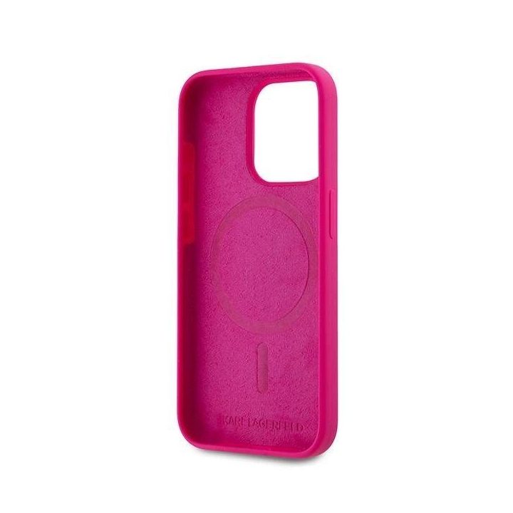 Karl Lagerfeld silikoninis telefono dėklas su Choupette galva MagSafe iPhone 15 Pro telefonui – rožinis
