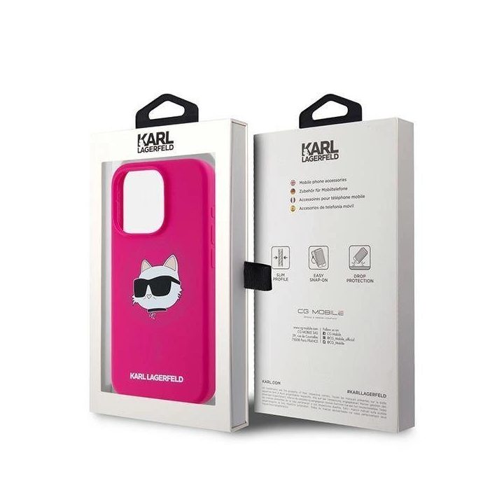 Karl Lagerfeld silikoninis telefono dėklas su Choupette galva MagSafe iPhone 15 Pro telefonui – rožinis
