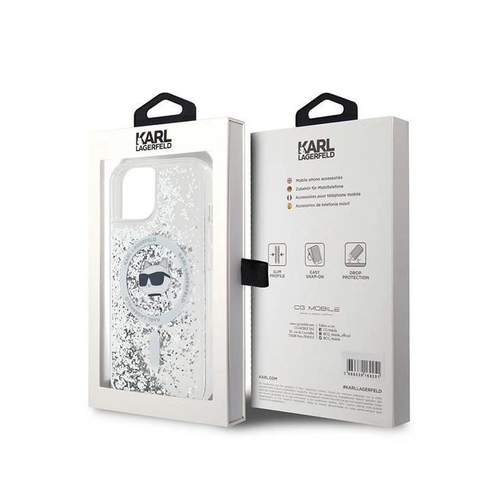 Karl Lagerfeld Liquid Glitter Choupette Head MagSafe dėklas iPhone 14 / 15 / 13“ telefonams – skaidrus