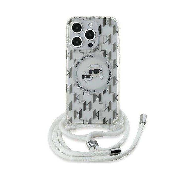 Karl Lagerfeld IML Crossbody Monogram Karl & Choupette Head MagSafe dėklas iPhone 15 Pro modeliui - skaidrus